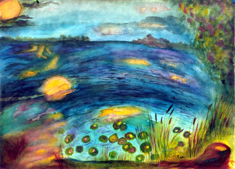 Moonlight on Lily Pads-Watercolor and Acrylic on Paper